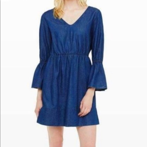 Denim Chambray Dress bell long sleeve denim dress - Picture 1 of 6